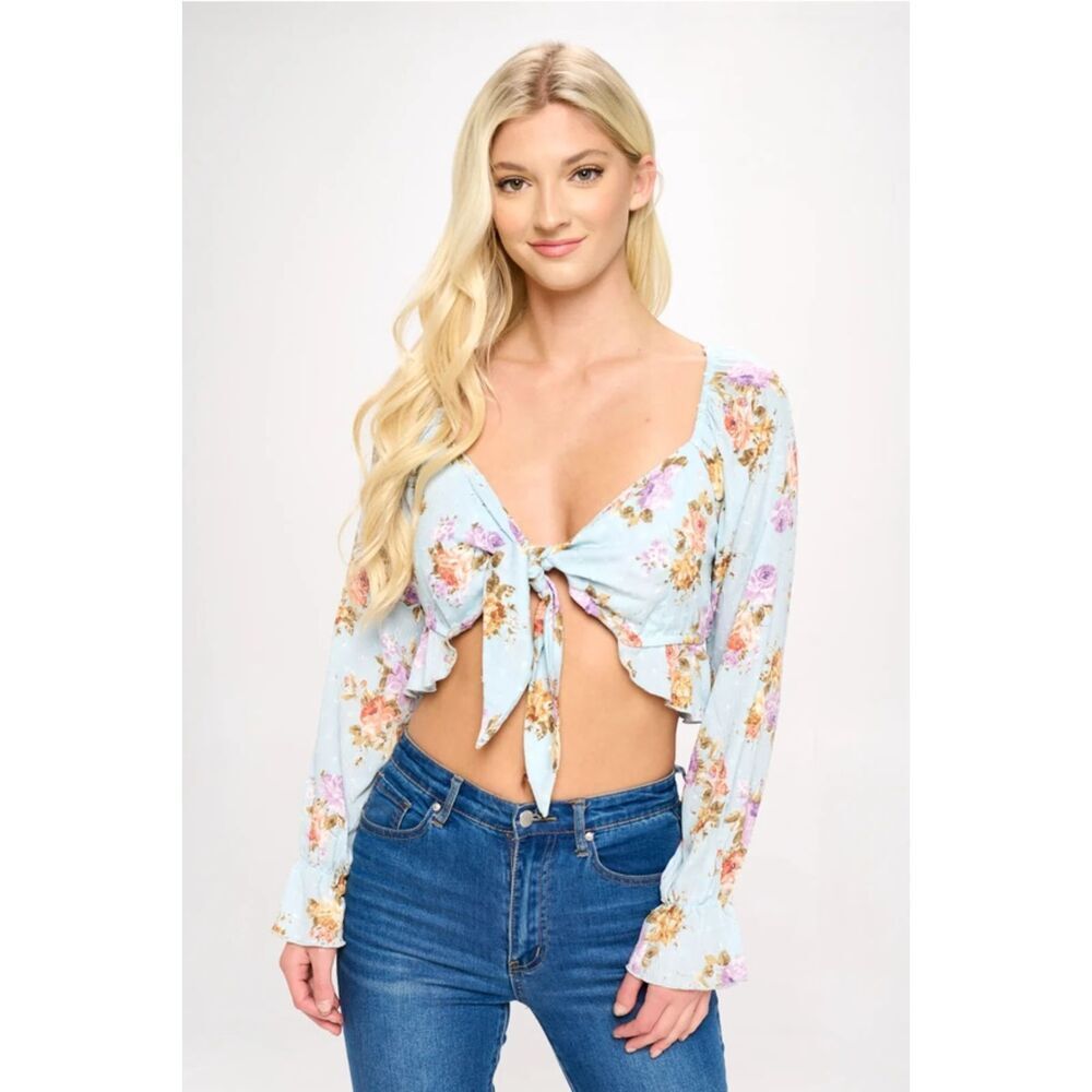 M&M Floral Crop Tie Front Blouse Size Large